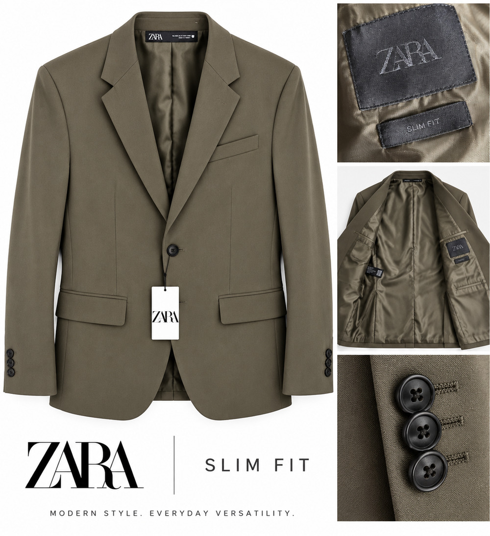 ZARA Man Blazer Men's 38R Slim Fit Olive Green 2 Button Notch Lapel Sport Coat